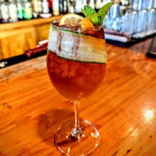 Drink-at-Ely's-Ivy Cocktail on bar counter in Grand Forks, North Dakota restaurant.