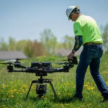 UAS small drone in a field with a man in a bright green shirt in Grand Forks.