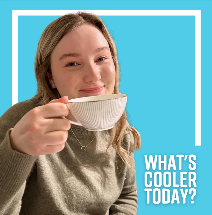 kinleyanderson-profile photo - WCT photo of kinley holding a teacup with a smile and the What's Cooler Today in the bottom right corner