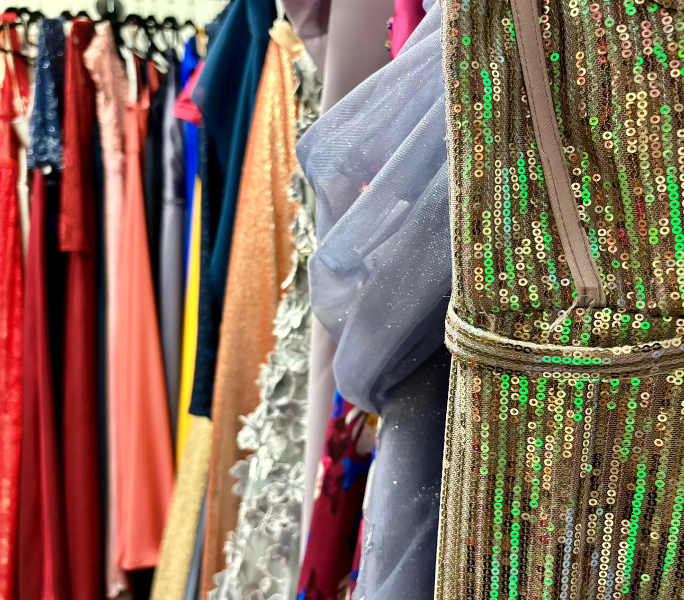 A zoomed in close up of some formal dresses from the Sylvia's Closet initiative.