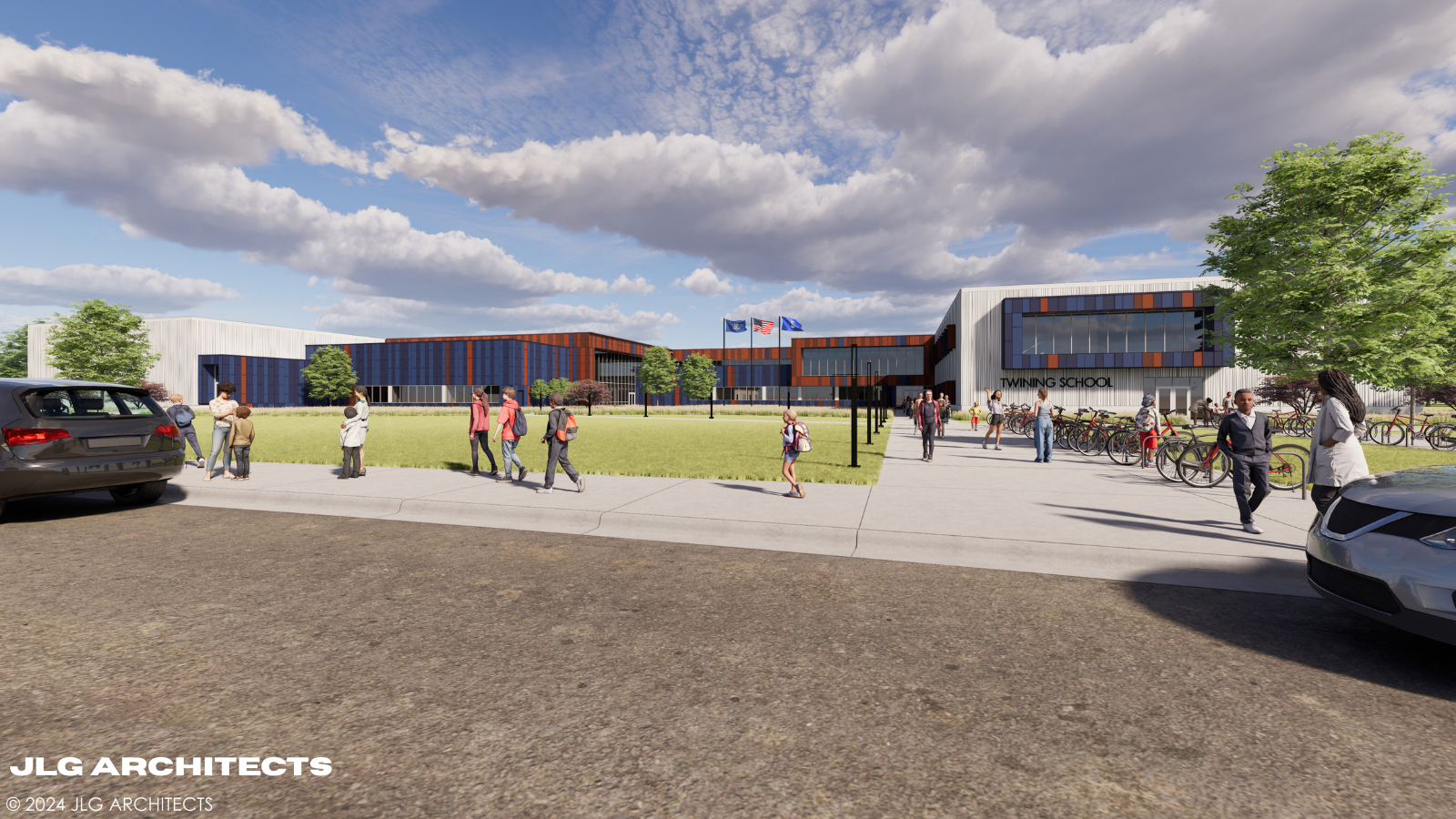 A rendering image of what the new twining school in grand forks will look like. There are sprawling lawns and a large entrance.