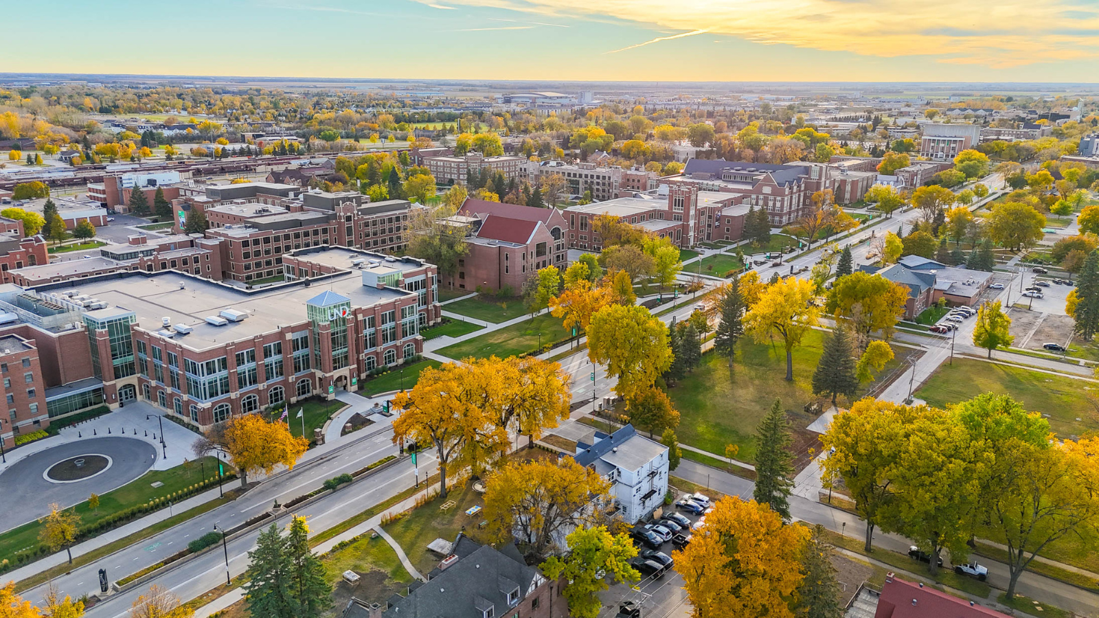 UND Fall Foliage UND aerial shot during the fall with the sun shining over