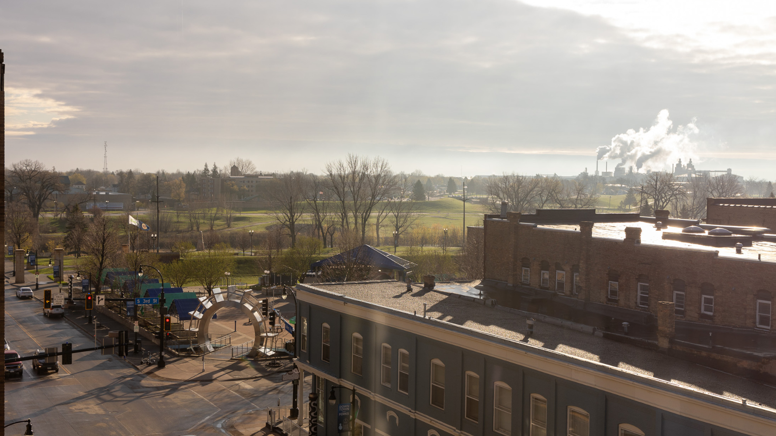 A view from the Olive Ann overlooking Grand Forks Downtown Town Square on a sunny fall morning.