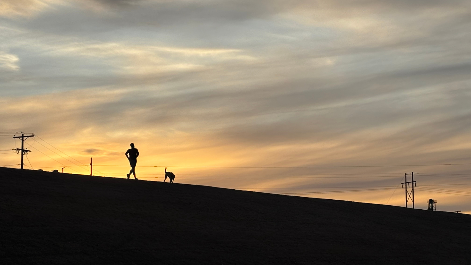 Runner on the Dike A runner with their dog jobs along the crest of a dike in Grand Forks