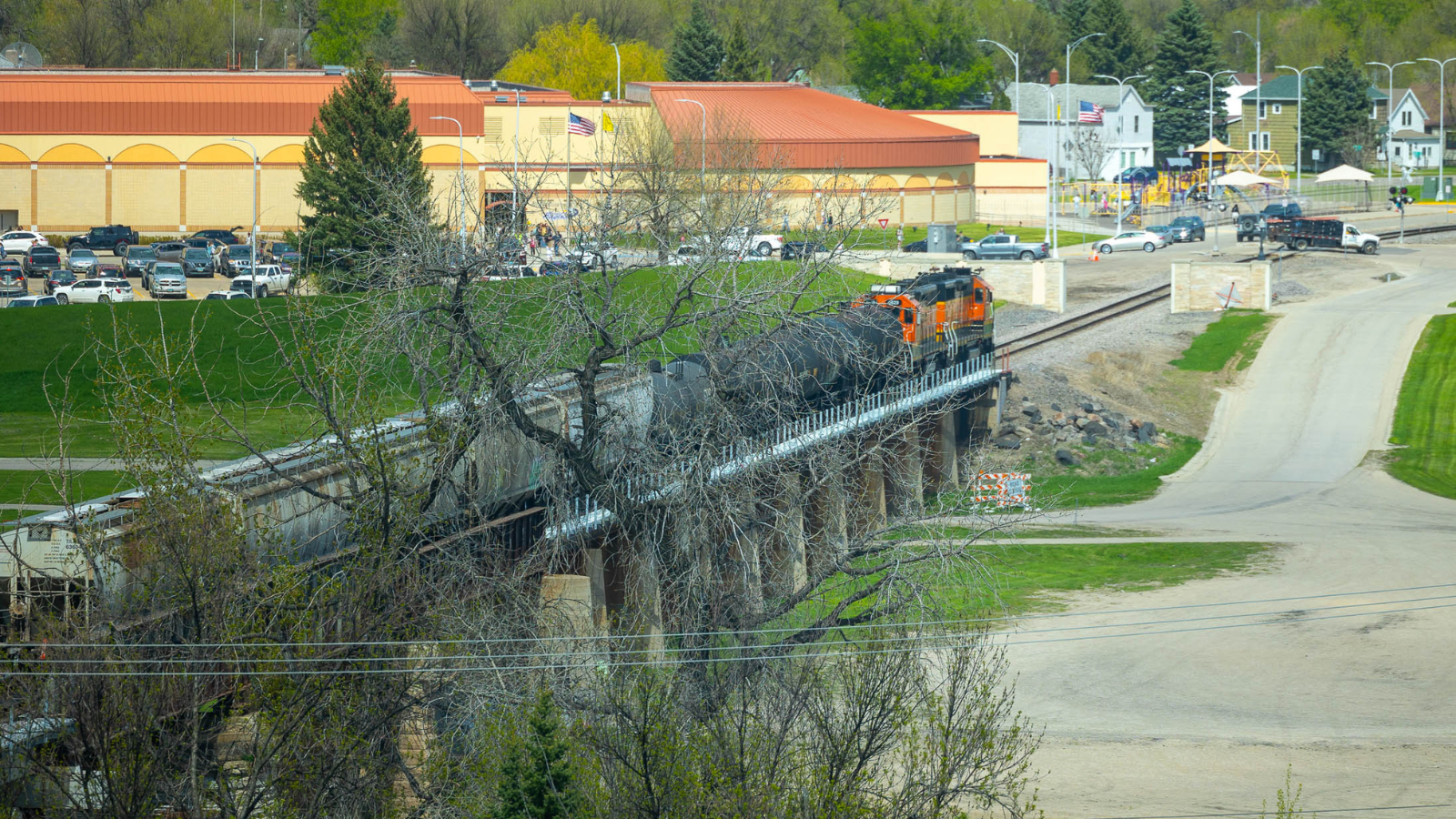 A train rolls over the river into EGF on a spring day in Grand Forks