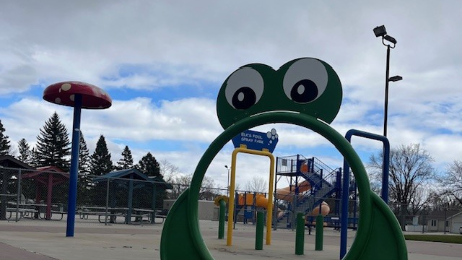 University Park Splash Pad under an overcast sky